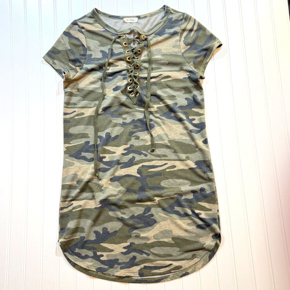 Camo Lace Up Mini Dress Grommet Casual Short Sleeve Tunic Shift Green Brown S - Picture 1 of 5